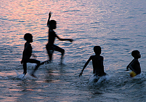 孩子,玩,水,湖,马拉维