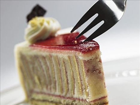 块,树莓,杏仁蛋白蛋糕,蛋糕叉