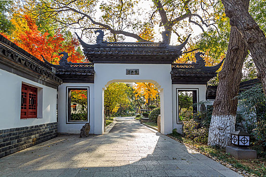 秋天园林门建筑景观,南京莫愁湖公园