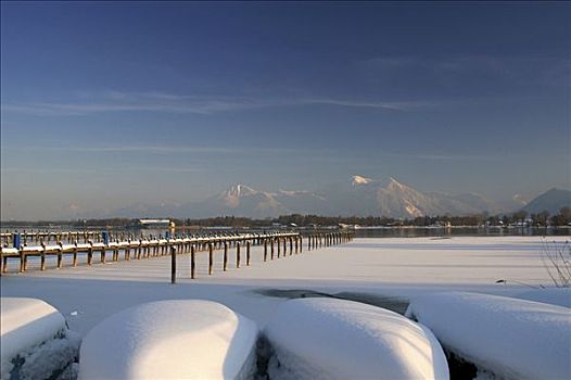 雪,栈桥,正面,湖,基姆湖,巴伐利亚,德国