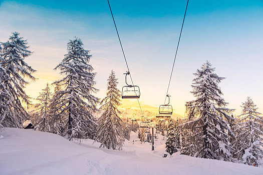 冬天,山,全景,滑雪坡,滑雪缆车
