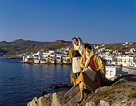 女孩,穿,传统,希腊人,服饰,米克诺斯岛,港口,基克拉迪群岛,希腊群岛,希腊
