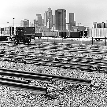 铁轨,货物集装箱,摩天大楼,洛杉矶,加利福尼亚,美国