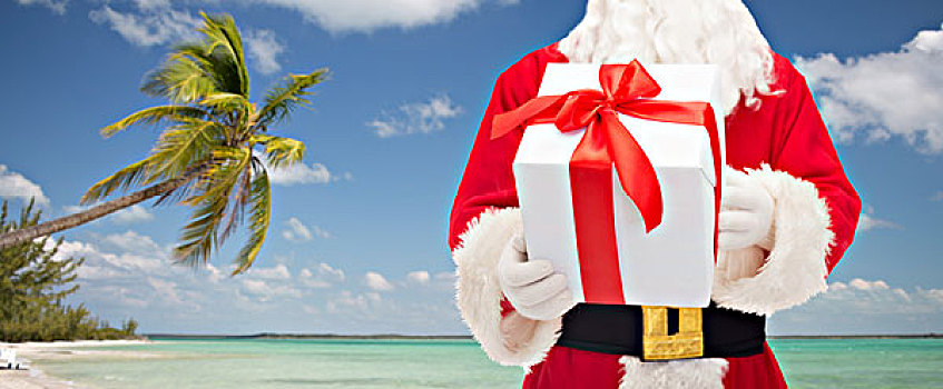 圣诞节,休假,旅行,人,概念,特写,圣诞老人,礼盒,上方,热带沙滩,背景