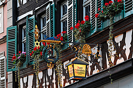 旅店,标识,背影,老,建筑,班贝格,上弗兰科尼亚,巴伐利亚,德国,欧洲