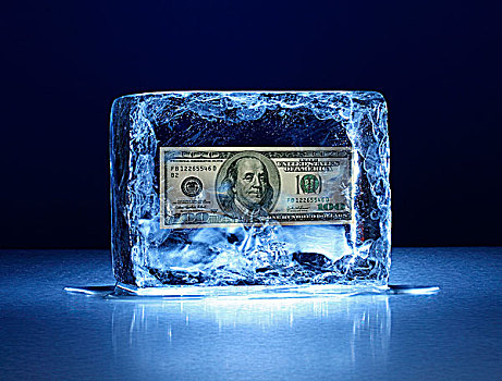 大,冰块,100美元,钞票,冰冻,室内