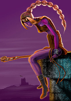 游戏插画,紫色背景,长辫子,坐在屋顶,侧身