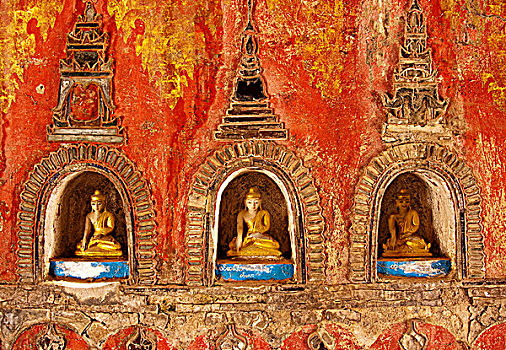缅甸,三个,小,佛,寺庙,墙壁,寺院,靠近,茵莱湖