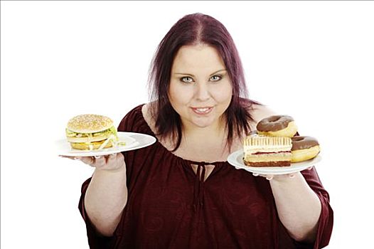 年轻,脂肪,女人,拿着,盘子,汉堡包,蛋糕