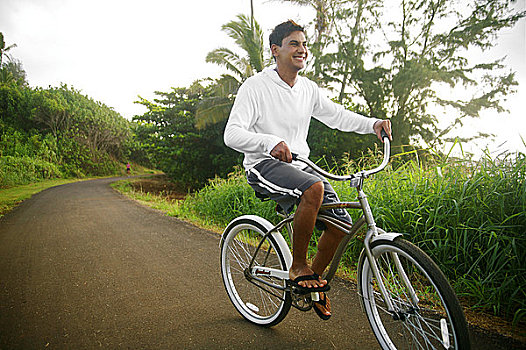 夏威夷,考艾岛,海滩,男青年,骑自行车,自行车道