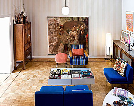 蓝色,复古,椅子,桌子,绘画,条纹,壁纸,折衷,客厅,图案,木地板