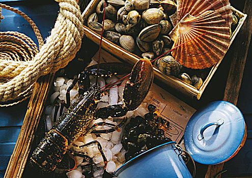 新鲜,龙虾,冰,多样,壳,碗