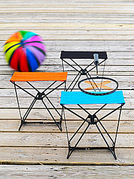折叠,凳子,球拍,球,木质,平台,海滩