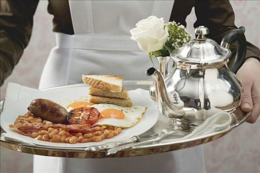 女服务员,英国人,早餐,托盘