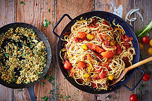 素食,意大利面,烘制,西红柿