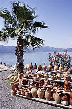 路边,纪念品,摊贩,陶器,湖,土耳其