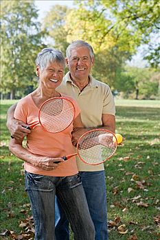 老年,夫妻,玩,羽毛球