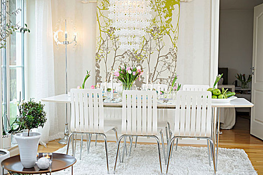 椅子,白色,餐桌,花瓶,郁金香,正面,花,壁挂