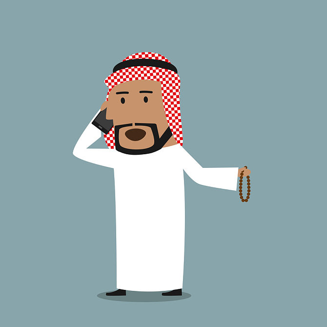 阿拉伯人_商务人士_交谈_手机_卡通_念珠_拿着_商务_沟通_科技_设计