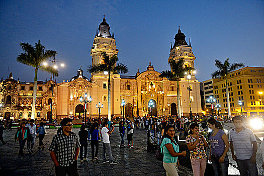 大教堂,马约尔广场,广场,阿玛斯,晚上,世界遗产,利马,秘鲁,南美