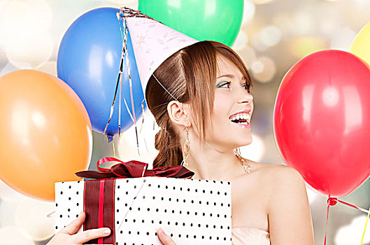 高兴,青少年,聚会,女孩,气球,礼盒