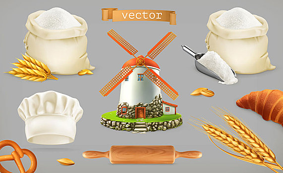 面粉,风车,小麦,面包,厨师帽,矢量,象征