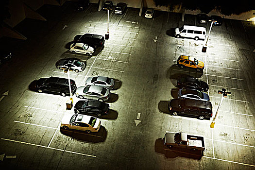 俯拍,汽車,停車場(chǎng),夜晚