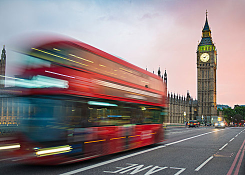 红色,双层巴士,威斯敏斯特桥,暮光,威斯敏斯特宫,大本钟,动感,伦敦,英格兰,英国