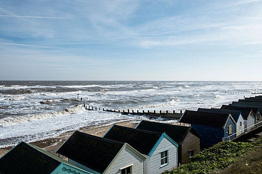 海景,上方,排,木质,海滩小屋,海滩,靠近