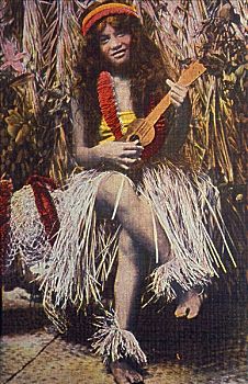 20年代,女性,草裙舞,装束,坐,夏威夷四弦琴,正面,草屋,明信片