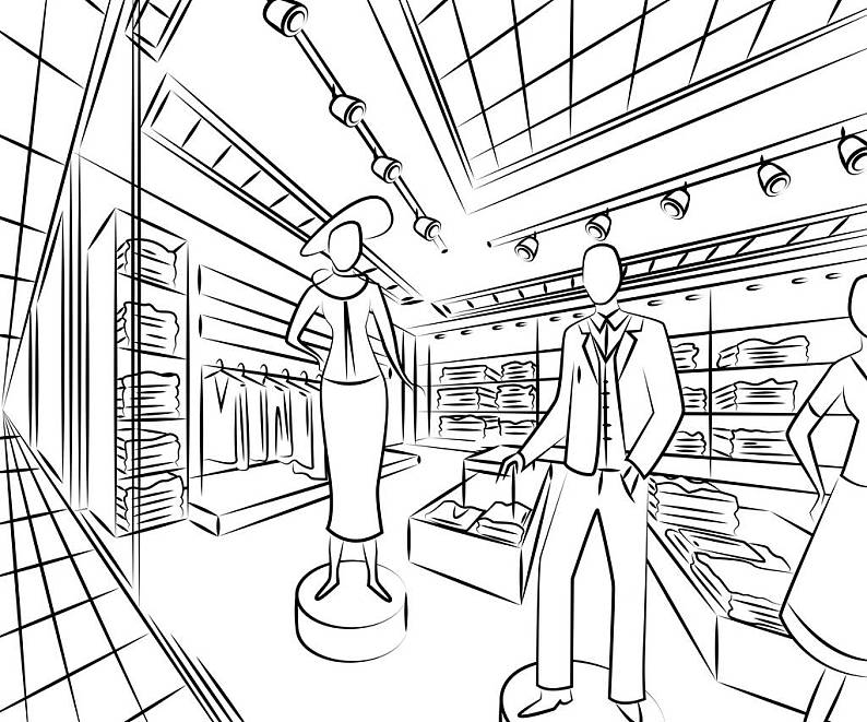 购物中心_时尚_商店_室内设计_素描_风格_旧式_矢量_中心_插画_图片