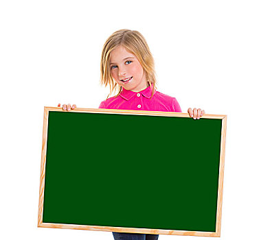 金发,孩子,儿童,高兴,女孩,拿着,留白,绿色,黑板,白色背景