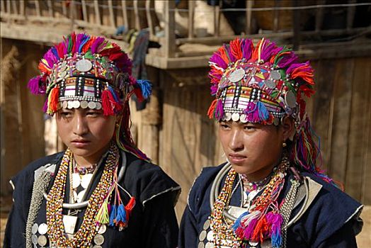 女青年,阿卡族,人,衣服,传统,浅色,服饰,禁止,靠近,省,老挝,亚洲