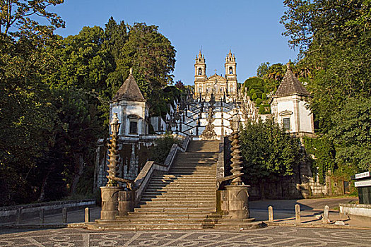 葡萄牙,布拉加,教堂,蒙特卡罗,靠近,巴洛克风格,楼梯,向上,雕塑,不同,圣经,故事