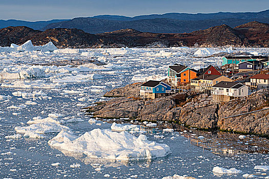 彩色,木屋,海洋,冰山,碎片,伊路利萨特,格陵兰,北美
