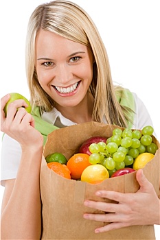健康生活,愉悦,女人,水果,购物袋