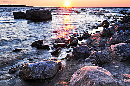 日落,岩石,岸边,乔治亚湾,加拿大