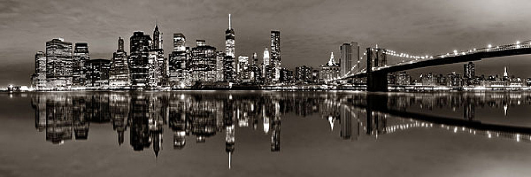 曼哈顿,市区,市景,布鲁克林大桥,夜晚,反射,黑白