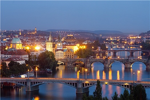 捷克共和国,布拉格,桥,上方,伏尔塔瓦河,黄昏