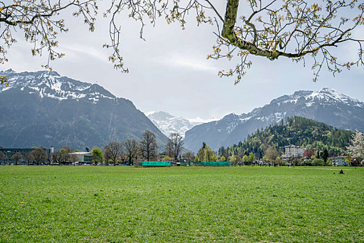 瑞士度假胜地因特拉肯风光美景－雪山草地,蓝天白云