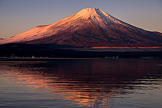 湖,山,富士山,光亮,红色,阳光,山梨县,日本