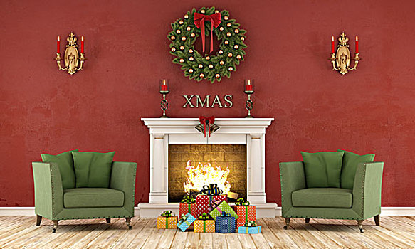 复古,圣诞节,室内,壁炉