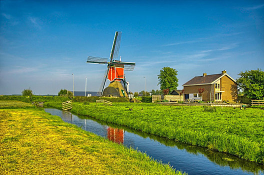 风车,水,运河,小孩堤防风车村,荷兰