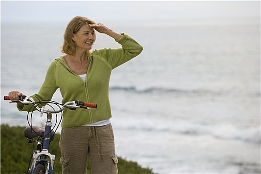 成年,女人,自行车,海洋,看,远景