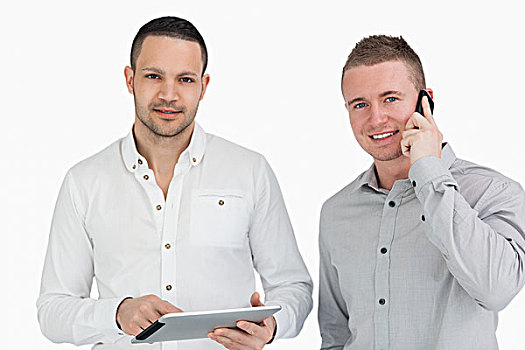 两个,微笑,男人,电话,平板电脑,白色背景