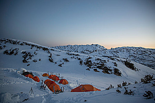 露营,帐篷,冬天,早晨