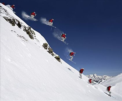 次序,男性,滑雪者,跳跃,陡坡,数码合成