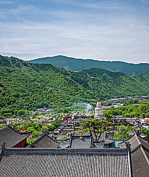 山西忻州市五臺山菩薩頂寺院上遠(yuǎn)眺五臺山群寺院