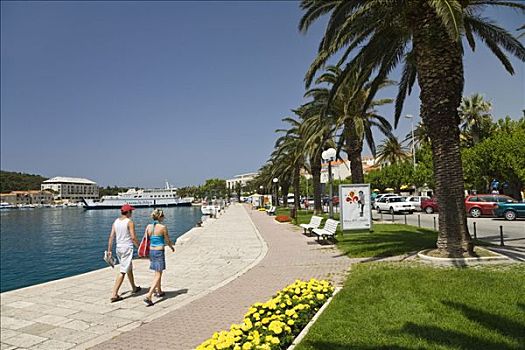 海边,散步场所,棕榈树,克罗地亚,亚德里亚海,地中海,欧洲