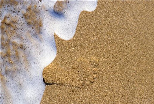 一个,脚印,沙子,泡沫,洗,岸边